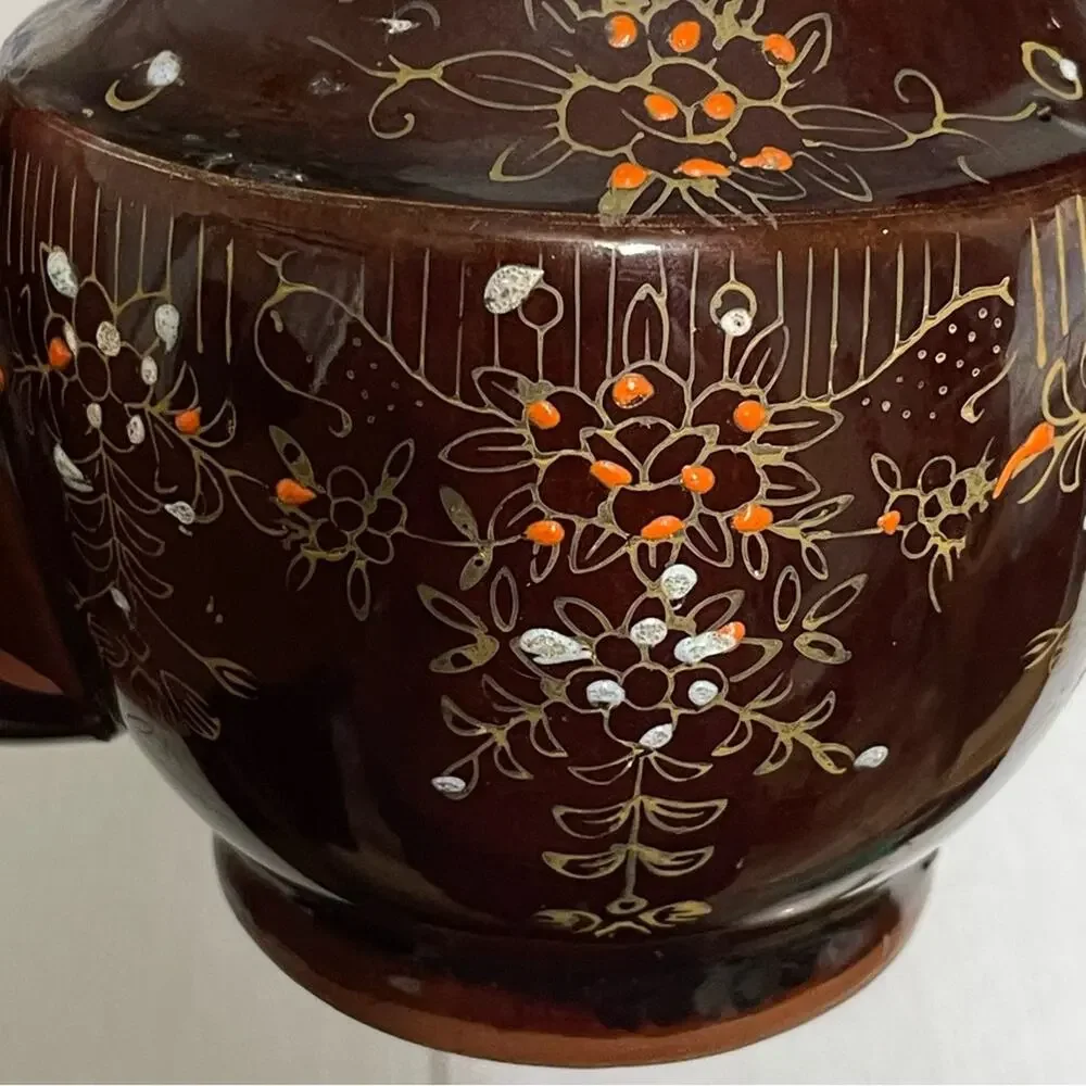 Vintage Hand Painted Japan Brown Floral Ceramic Teapot